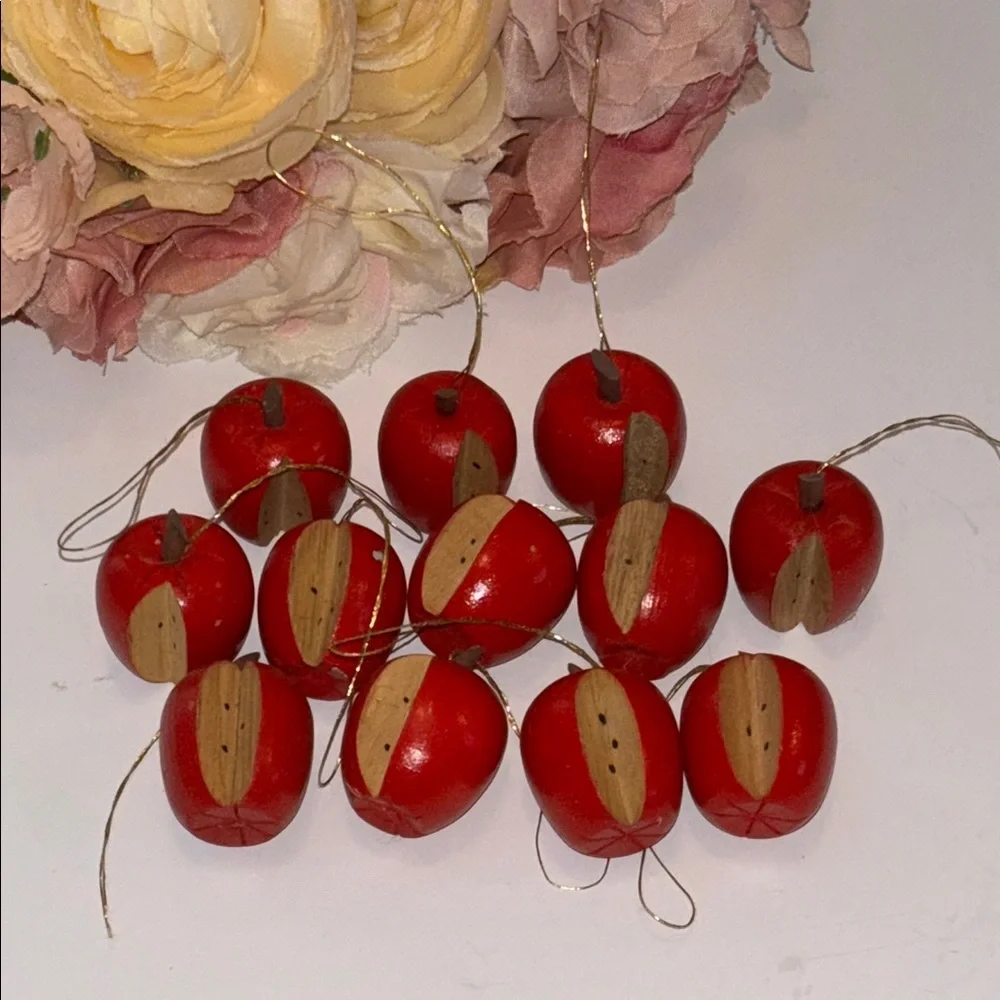 Apple Ornaments Tiny Wood Apples Set of 12 red Wooden Apples Vintage